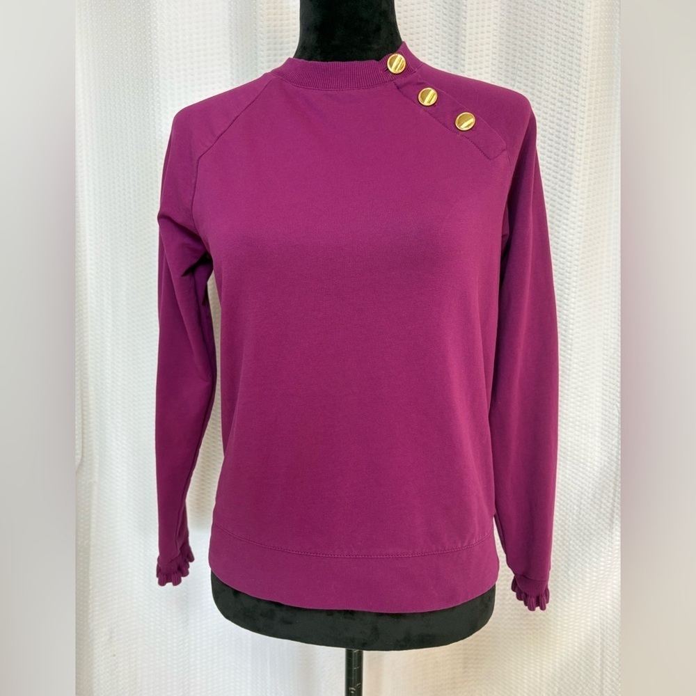 Talbots cotton blend magenta ruffle trim long sleeve pullover blouse Petite S